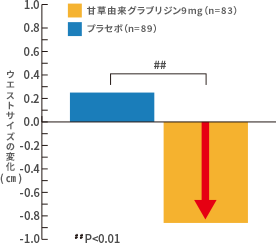 腹部皮下脂肪量の変化を表すグラフ：ブラセボ接種より甘草グラブリジン接種の方が脂肪量低下