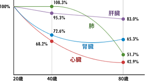 20歳、40歳、80歳時点でのコエンザイムQ10の現象率を表す図。肝臓は20歳で100%、40歳で108.3%、80歳で83.0%、肺は20歳で100%、40歳で95.3%、80歳で51.7%、腎臓は20歳で100%、40歳で72.6%、80歳で65.3%、心臓は20歳で100%、40歳で68.2%、80歳で42.9%